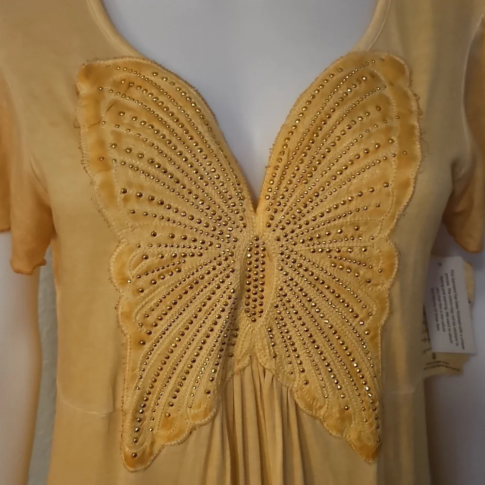 ONE WORLD Canary Yellow Embellished Butterfly Short Sleeve Fairy Tunic Top
